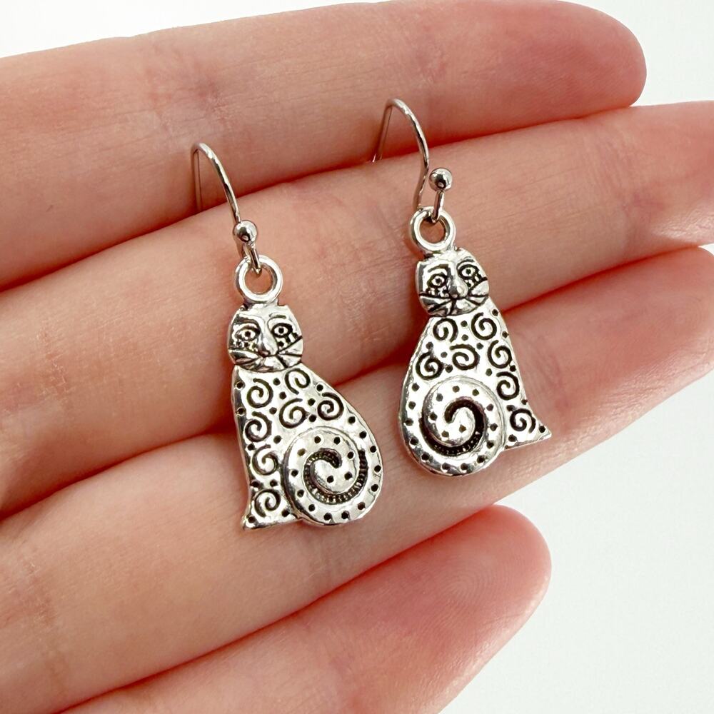 Silver Cat Dangle Earrings Swirl Pattern Whimsica… - image 1